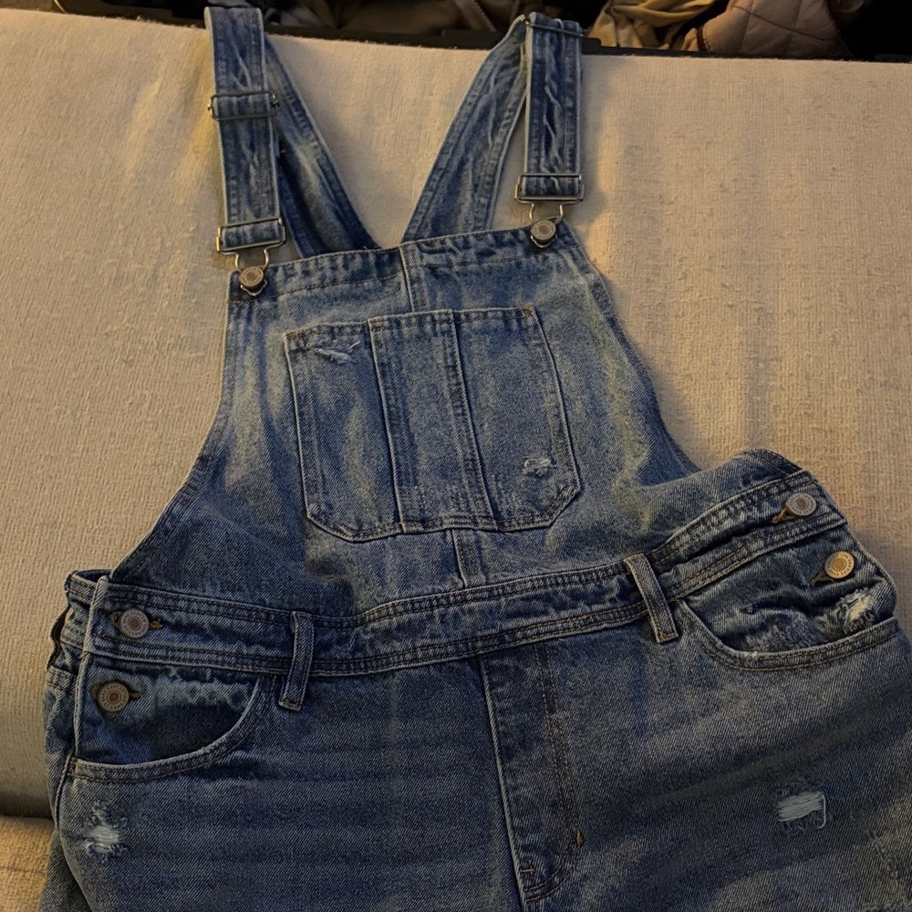 KanCan Blue Denim Distressed Short Overalls